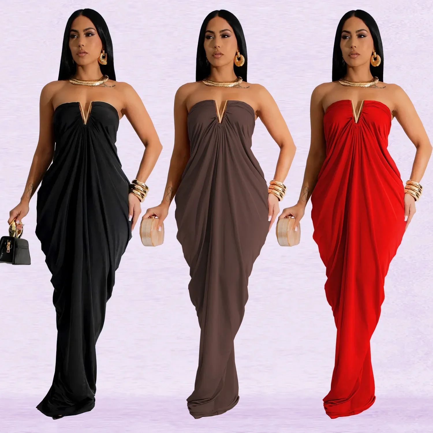 

Women Sleeveless Strapless V-neck Bodycon Long Dress Ruched Stacked Sexy Night Club Birthday Party Evening Maxi Dresses