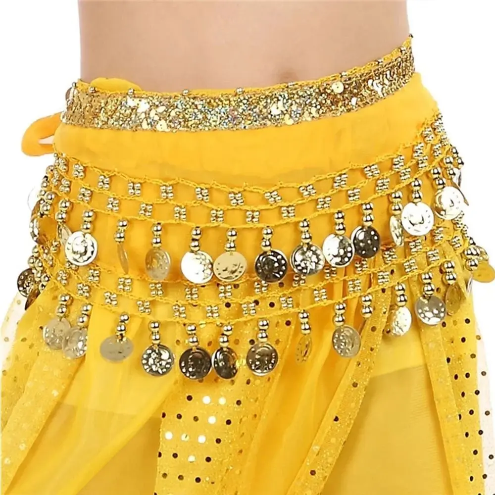 Nuovi bambini Monete in metallo Catena in vita Moda Bambino Danza del ventre Sciarpa dell'anca Costumi di prestazione in chiffon Catena per cintura in vita Dacning
