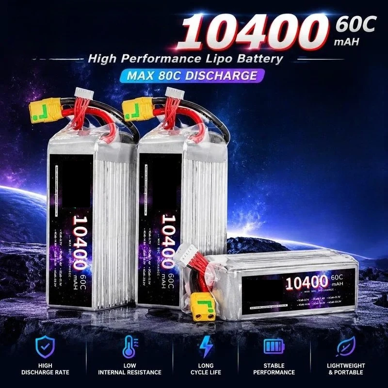 For 10400mAh 22.2V 60C Battery for RC Car Ship Fixed Wing Drone Model Aircraft High Discharge Lipo Battery Pack