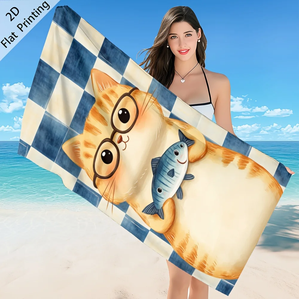 1pc Cute Glasses Cat Holding Fish Print Microfiber Beach Towel Soft Quick Dry Oversized Towel For Swimming Pool Gym Yoga Travel