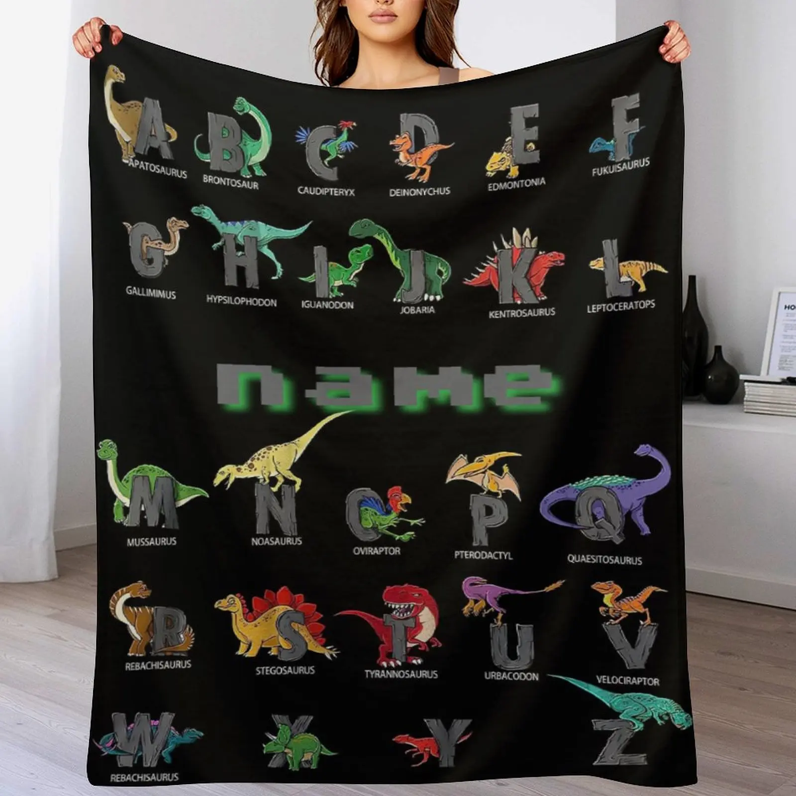 

Customizable Dinosaur Alphabet Personalized Flannel Throw Blanket, Hypoallergenic All-Season, Gift for Home,Beach,Camping,Office