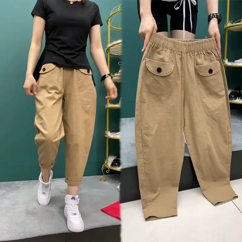 

Утягивающие брюки Харлан, женские повседневные брюки с высокой талией, тонкие, с девятью точками, с рюшами, весна-лето, Новое поступление, универсальные