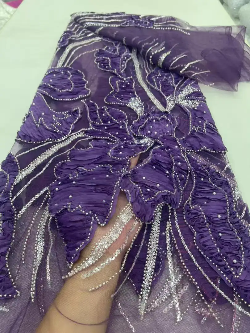 

African Beads Lace Fabric 2025 5 Yards High Quality French Mesh Tulle Sequins Embroidery For Wedding Bridal Lace Party-QX