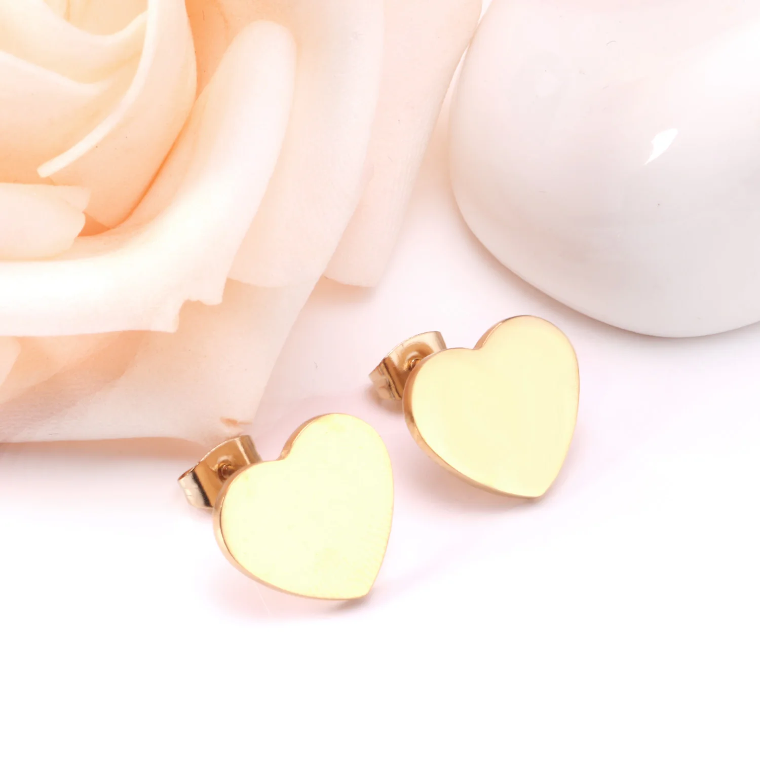 ASONSTEEL Lover\'s Jewelry Gold Color Heart Earrings Stainless Steel Push Back Piercing Stud Earrings Ladies Accessories Party