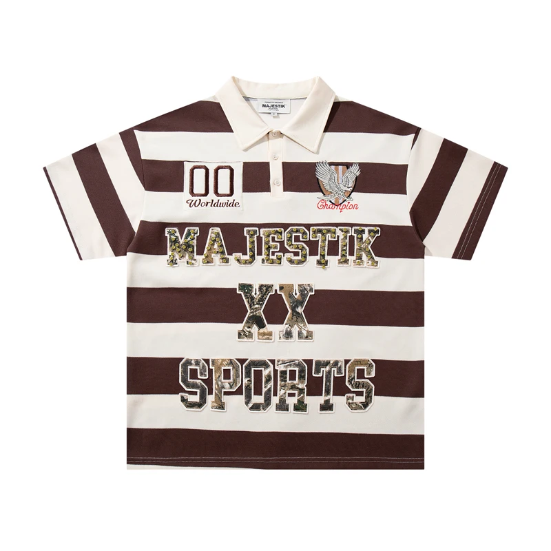 Y2K Vintage Wide Striped Collared Tops Heavy Rhinestone Letter Embroidery Majestik Short Sleeve T-Shirts Man Woman