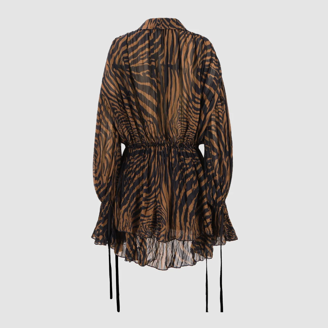 2026 Women's Zebra Print Lace Trim Ruffle Mini Dress | Long Sleeve Drawstring Waist Sheer Chiffon Party Dress (2 Colors)