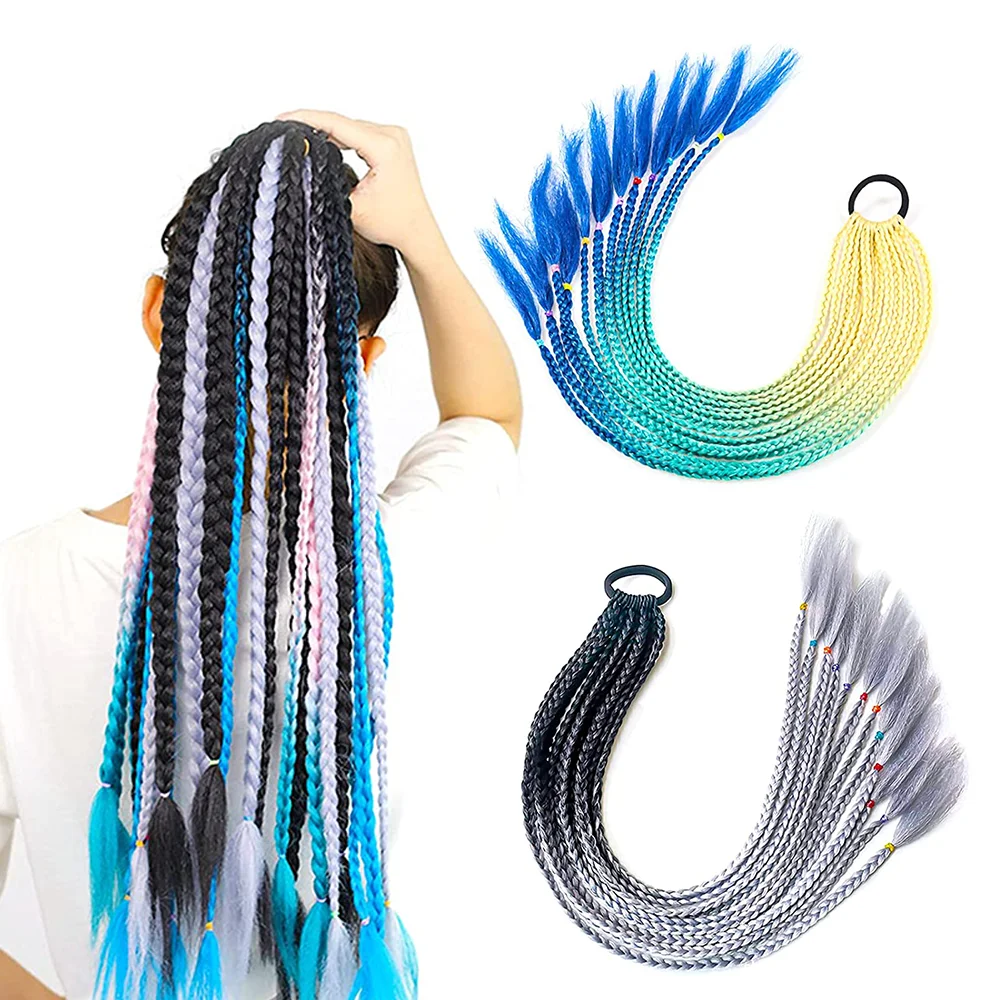 Synthetic Rainbow Hairpiece Colored Jumbo Braids Ponytail Overhead Tail with Rubber Elastic Band Braids Pigtail