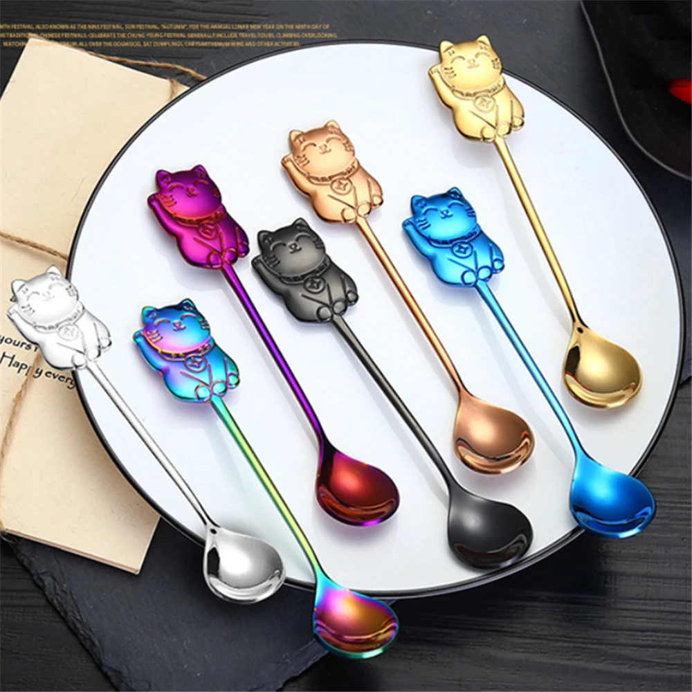 Lucky Cat Mini Kitchen Accessories Ice Cream Drink Cake Dessert Spoon Coffee Scoop Tableware Teaspoons