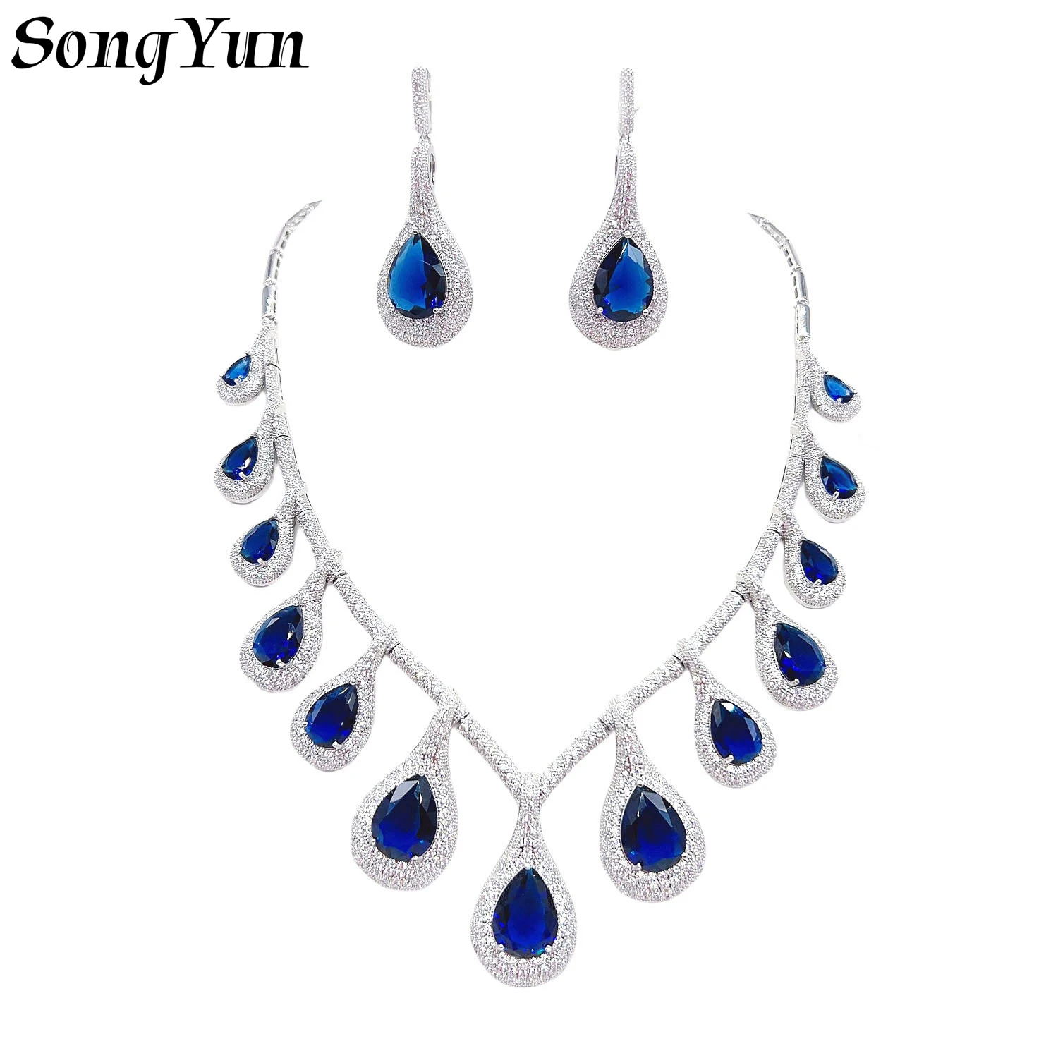 

Tears Deep Sea Cubic Zircon Water Drop Earrings Necklace Luxury Elegant Romantic Wedding Engagement Party Banquet Jewelry Set