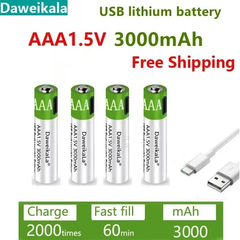 2024 USB AAA Rechargeable Batteries 1.5V 3000MAh Li-ion Battery for Remote Control MouseElectric Toy Battery + Type-C Cable