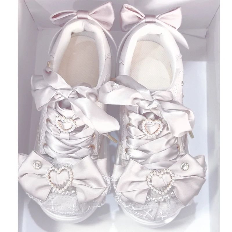 

Pink Big Bow Pearl Heart Decor Lolita Platform Sneakers 2026 Women's Kawaii Thick Sole Casual Shoes Harajuku Y2K Cosplay Shoes