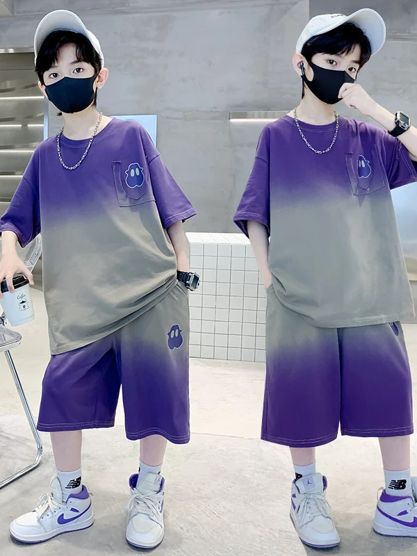 boys-summer-sportswear-set-short-sleeve-two-piece-gradient-color-cool-street-style-quick-dry-breathable-comfortable-cotton-blend