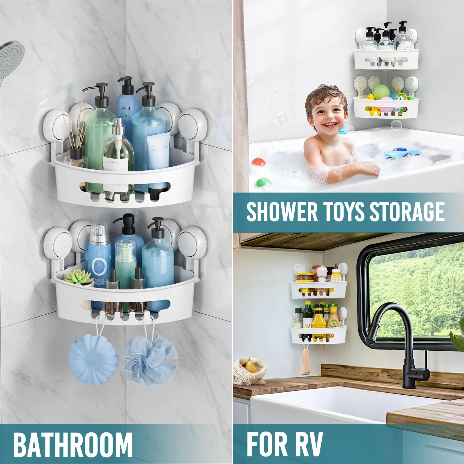 TAILI Shower Corner Shelves 2PCS Suction Shower Shelf Small Bathroom Storage Triangle Shelf for Shampoo Conditioner Organizer