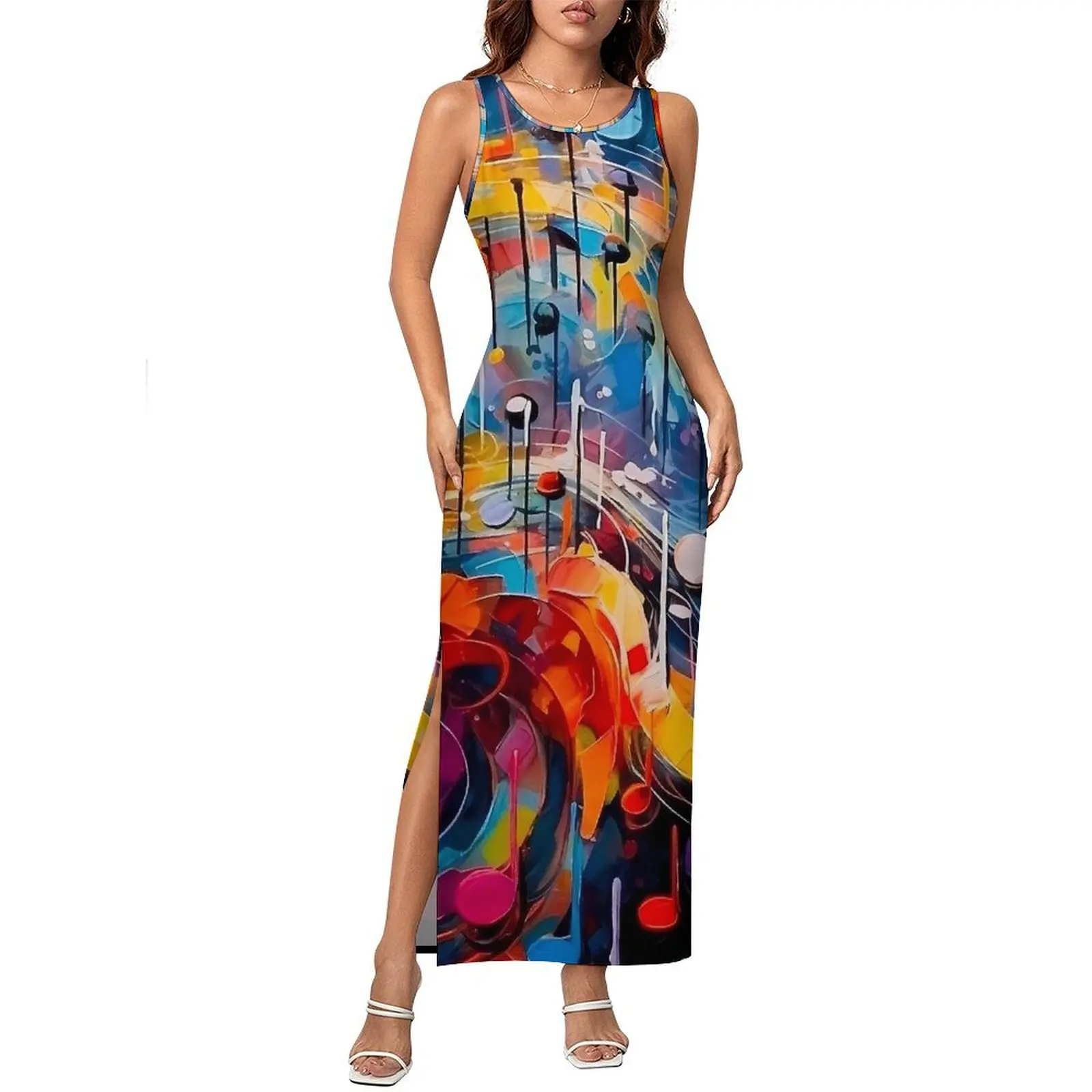 Colorful Music Note Bodycon Dress Summer Abstract Print Retro Maxi Dresses Women Sleeveless Design Aesthetic Dress Big Size 4XL