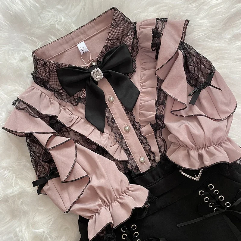 Letnie Słodkie Kawaii Moda Lolita Koszule Damskie Eleganckie Urocze Bluzki w Japońskim Stylu Y2K Estetyczne Gotyckie Eleganckie Bluzki z Długim Rękawem