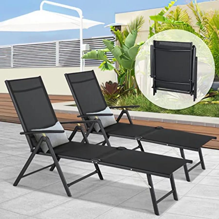 

Outdoor Chaise Lounge Set of 2, Adjustable Reclining Folding Pool Lounger for Poolside, Outside/330lb Weight Capacity, Black