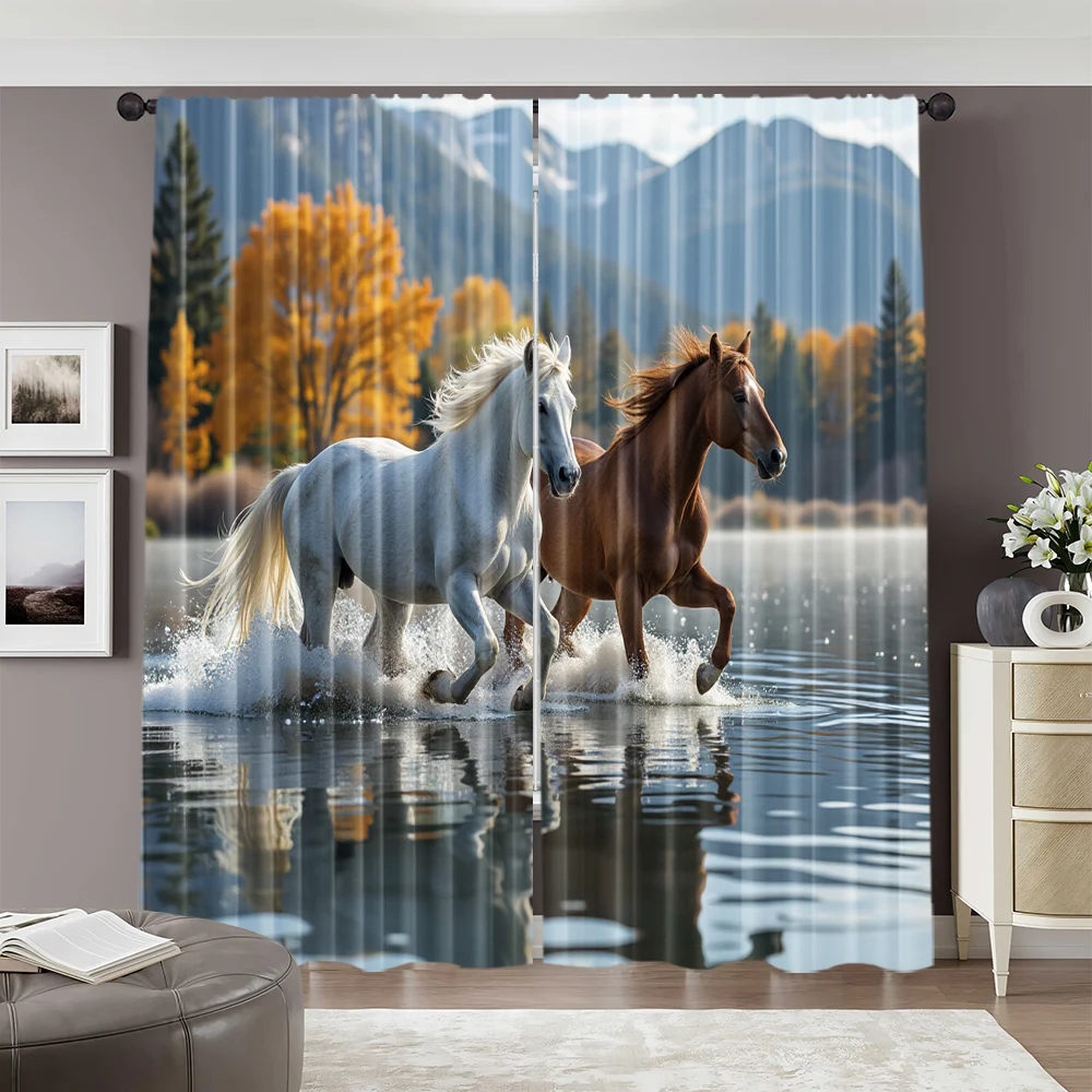 2pcs, spring summer Curtains Two Horses Semi-Sheer Curtains Versatile Polyester Fabric Decorations Perfect for Bedroom, Office,