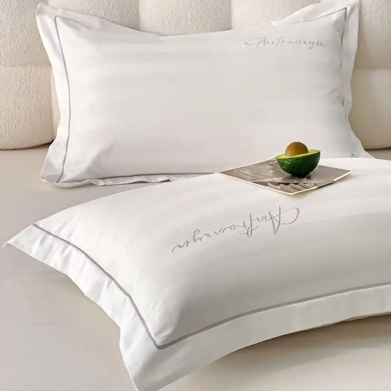 2pcs 60s Long Staple Cotton Pillowcase Satin Stripe Wide Edge Embroidery Pillow Cover Hotel Home High Quality Bedding 48x74cm view 2