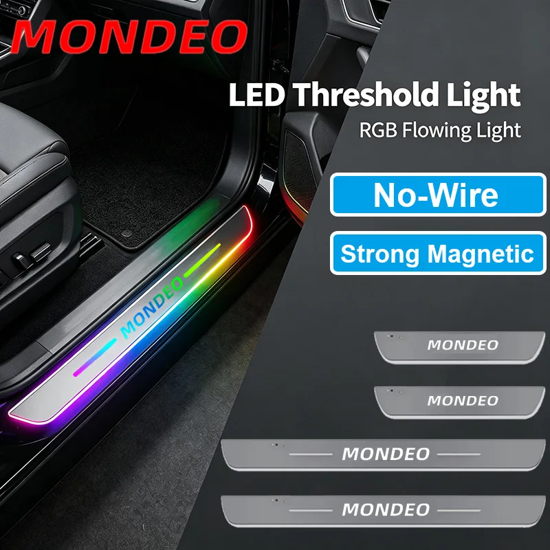 For Ford Mondeo Emblem LED Car Door Sill Strip Light Magnetic Glowing Threshold Welcome Scuff Plate Pedal Light Accessories
