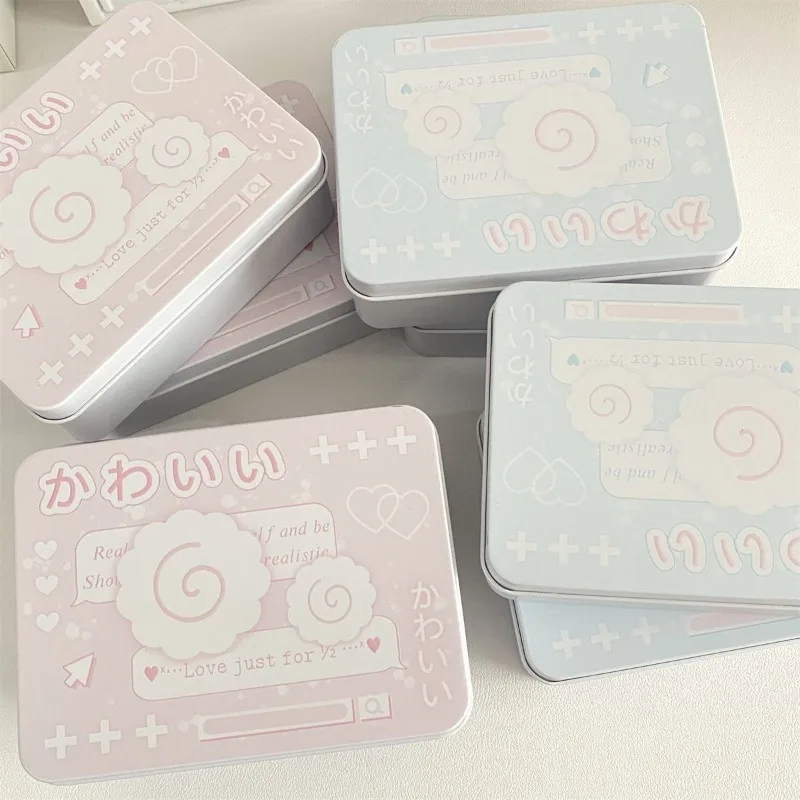 Kawaii Japanese Cream-colored Fish Cake Cartoon Tinplate Box Cute Girl Desktop Storage KPOP Photocard Hairpins Sticker Organizer