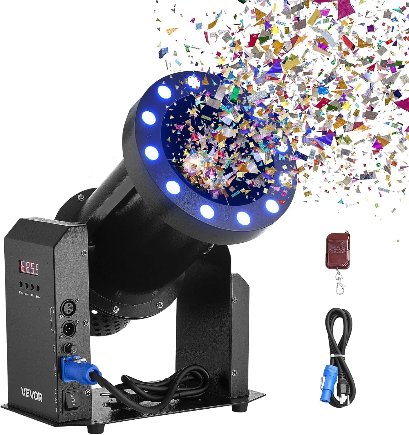 Electric Confetti Machine with LED Lights, 1500W Powerful Output Confetti Cannon Launcher, DMX512, Manual & Remote Control, Port