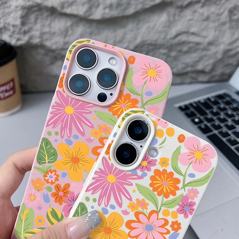 Soft Phone Case For iPhone Air 17 16 15 14 13 12 Pro Max 17 Pro 11 16e Cartoon Flowers Shockproof Leather Texture Silicone Cover - view 5
