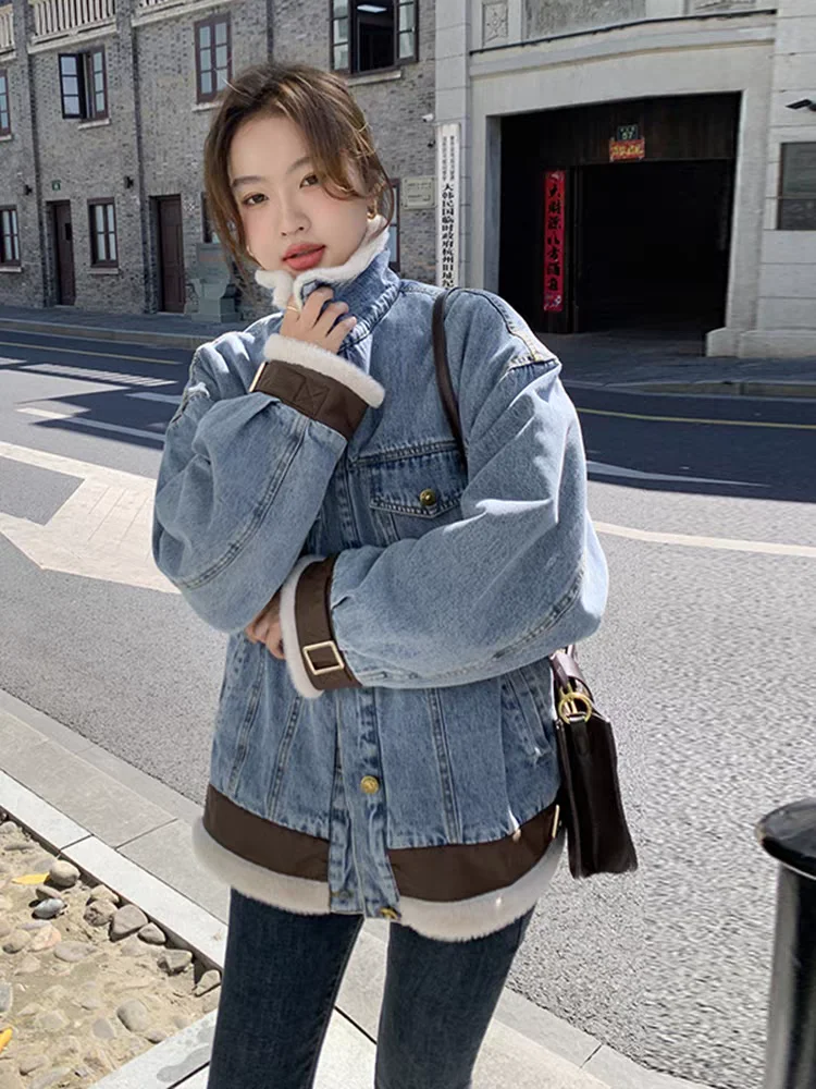 

Джинсовое пальто для девочек, меховое плюшевое женское осеннее бокси-фиолетовое деловое повседневное городское пальто для поездок на работу, удобная удобная застежка на пуговицах реглан OL