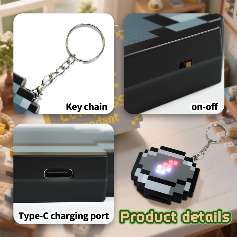 Portachiavi con bussola pixel Gioco di pixel Giocattolo periferico Portachiavi portatile ricaricabile tramite USB Può incandire e indicare le direzioni Miglior regalo