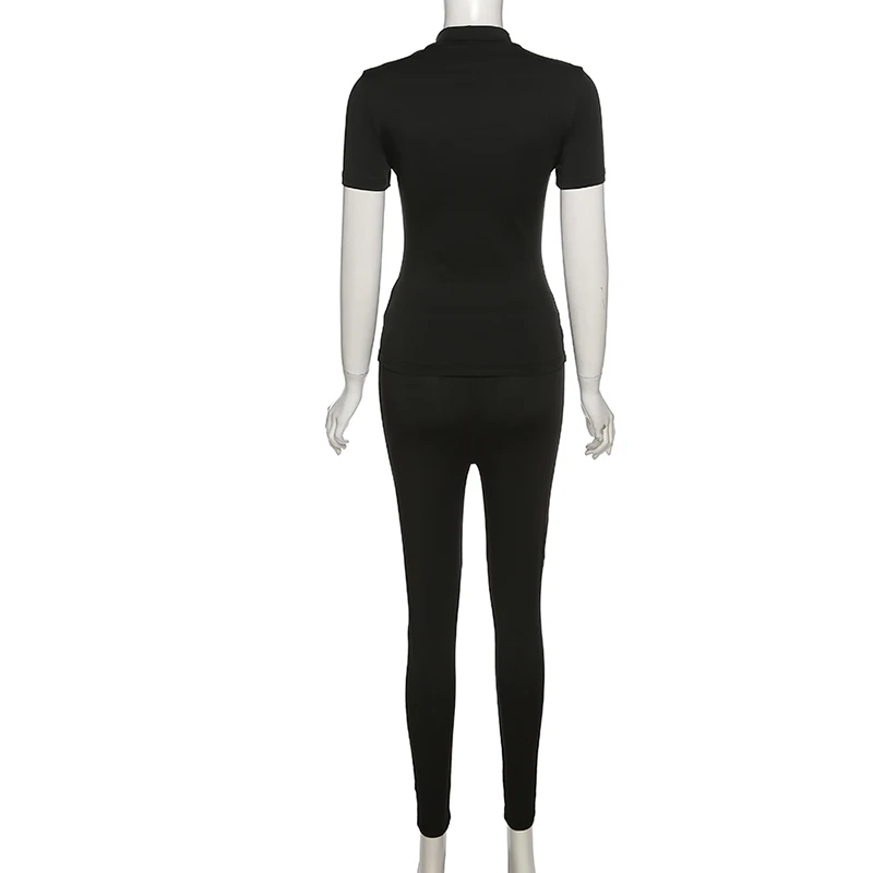 Two Piece Set Casual Simple Women Skinny Short Sleeve Letter Print Top+Sporty Solid Pencil Pants Female Activewear Suits