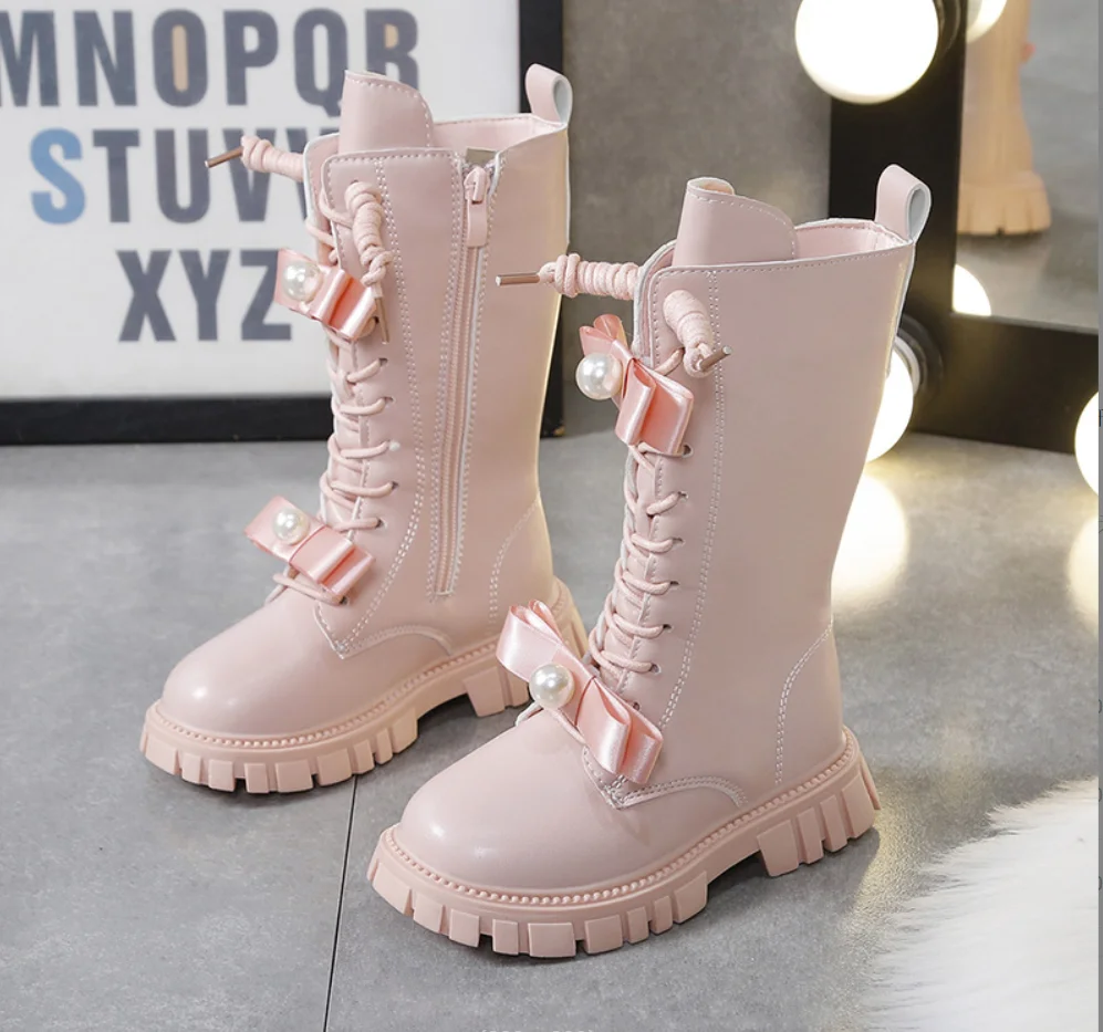 Chunky Platform Ankle Boots Children 2026 Autumn Winter Girl Bowknot Motorcycle Boots Thick Bottom Non Slip Leather Kids Shoes