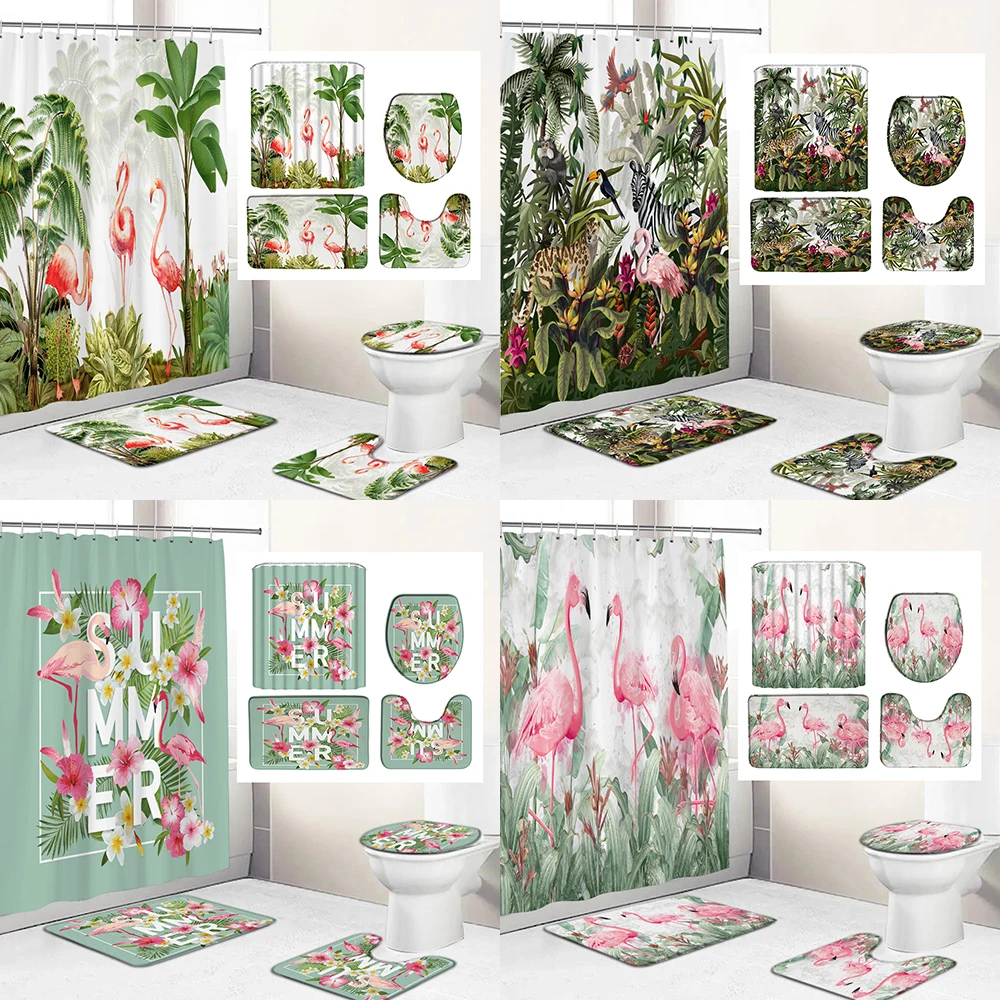 

Tropical Plants Flamingo Printing Shower Curtain Set for Bathroom Non Slip Bath Mat and Bath Curtain Set Bath Rug Toilet Carpet