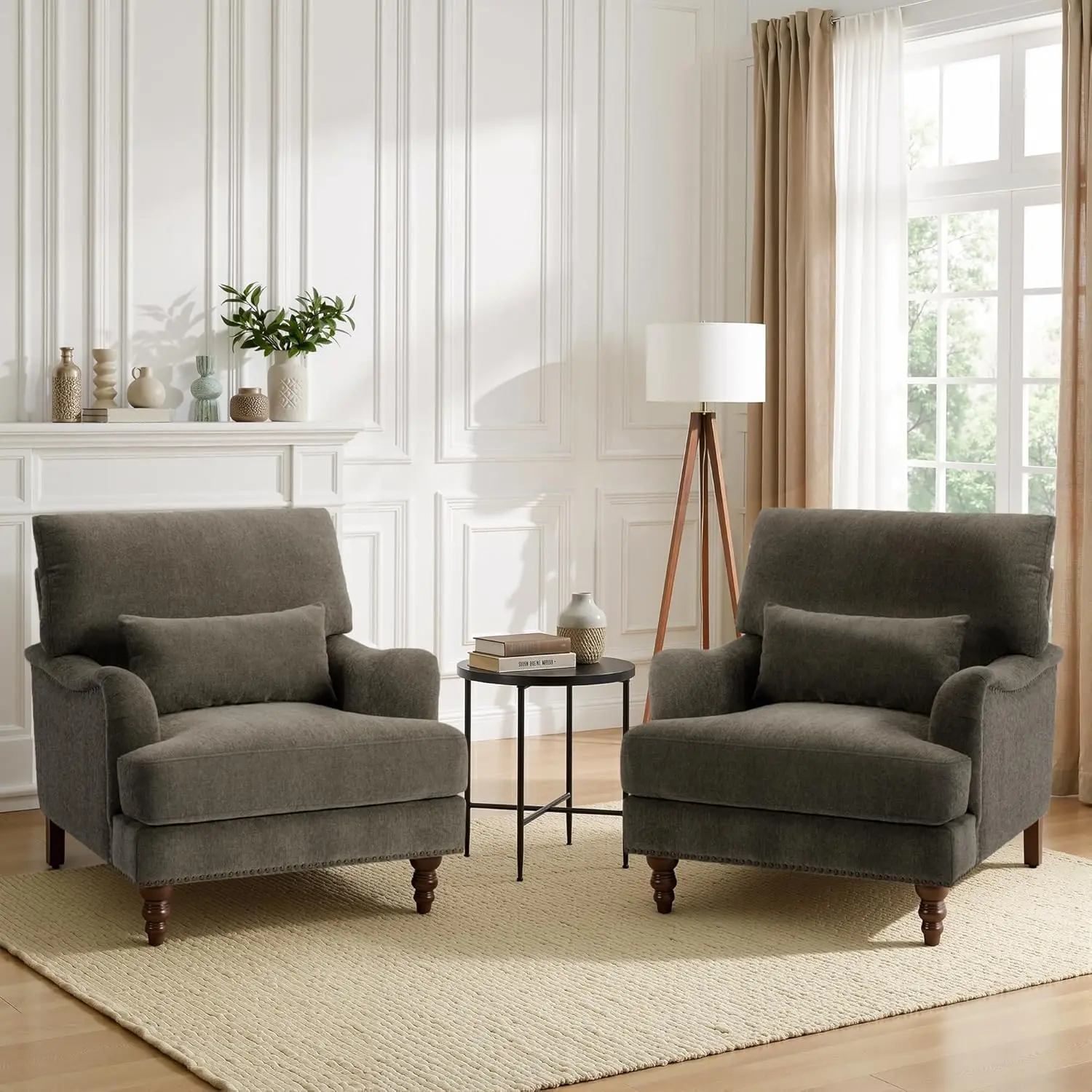 Set of 2 Retro Chenille Upholstered Armchair Comfy Single Sofa   Chair for Living Room Bedroom Guest Room