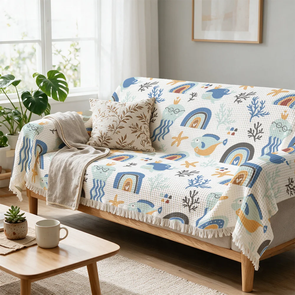 Boho Coastal Sofa Throw Blanket Nautical Beach Decor Printed Cushion Cover for Living Room Boho Accent Throw for Seasonal Home D