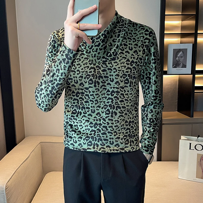 Luxury Leopard Half High Neck Knitted Sweater Men Autumn Winter Retro Casual Slim Knitting Bottom Shirt Social Men's Clothing