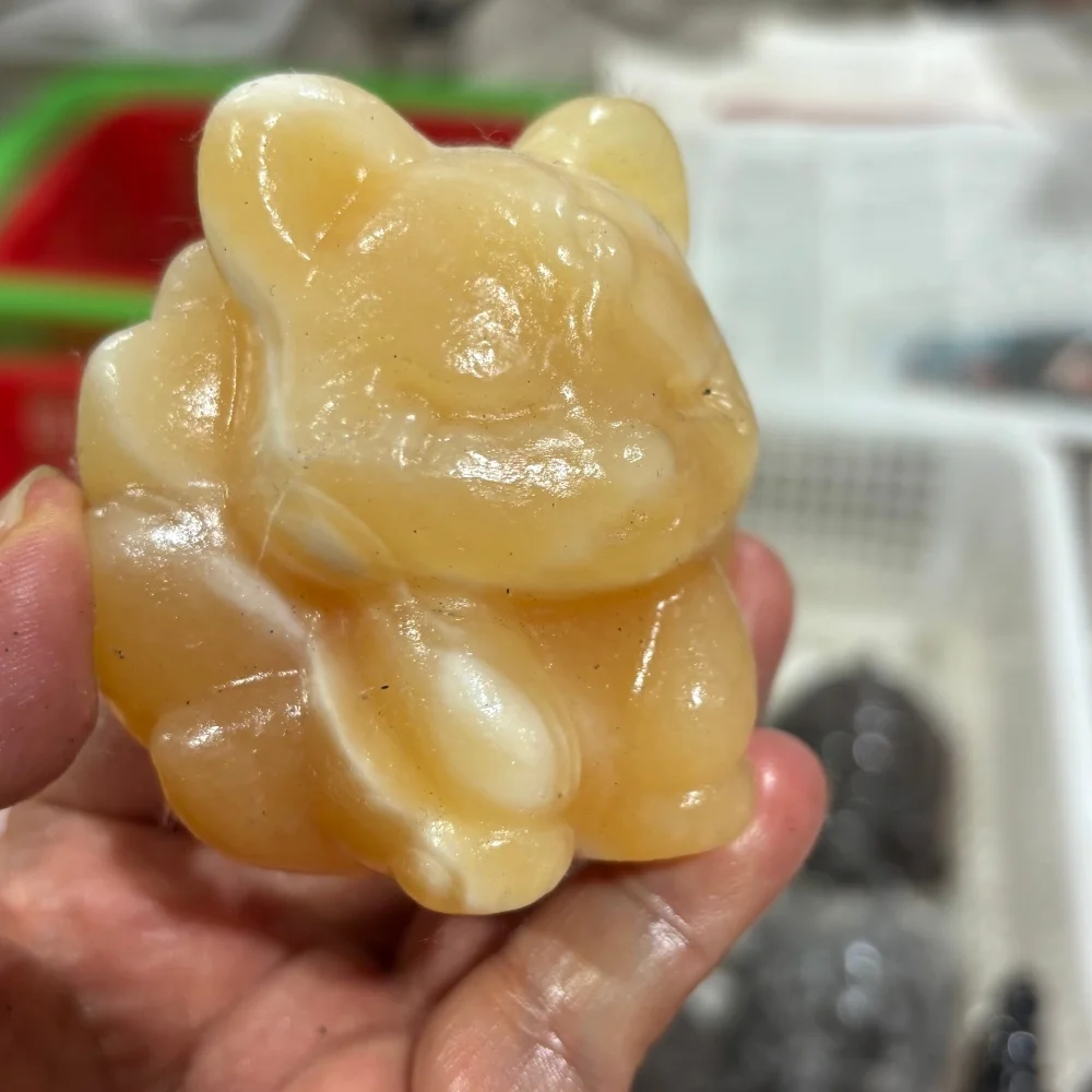 Yellow Calcite Nine-tailed Fox Animal Quartz Carving Polished Natural Healing Figurine Home Decor Animal Craft Gift