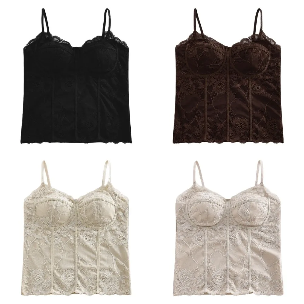 Francuski koronkowy top z siateczki, dopasowany, krótki, z ozdobnymi liniami, dziewczęca bluzka, koszulka bazowa, top na ramiączkach z wkładkami, damska.