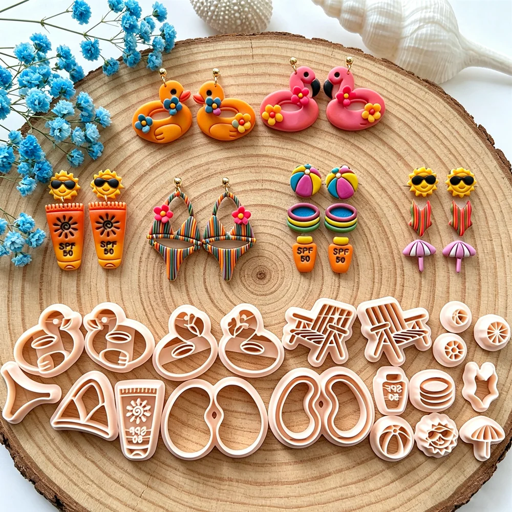 Cortadores de Argila Polimérica para Cadeira de Praia de Verão, Festa na Piscina, Desenho Animado, Sol, Boia, Biquíni, Ferramentas para Fazer Joias e Brincos de Argila