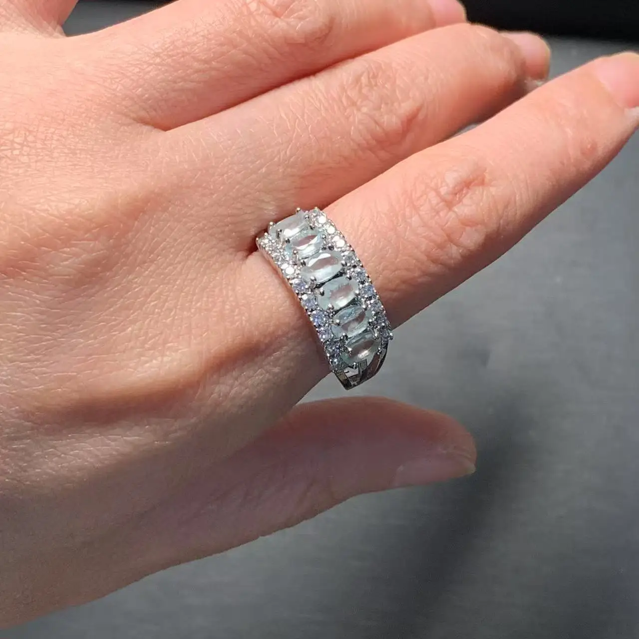 Vintage Natural Aquamarine Ring For Women Stainless Steel Simple Fine Jewelry Stone Gemstone Classic Style