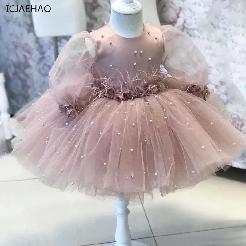 2024 Flower Girl Outfit Kids Elegant Dresses for Party and Wedding Matching Children Birthday Baptism Clothes Lace Bow Frock