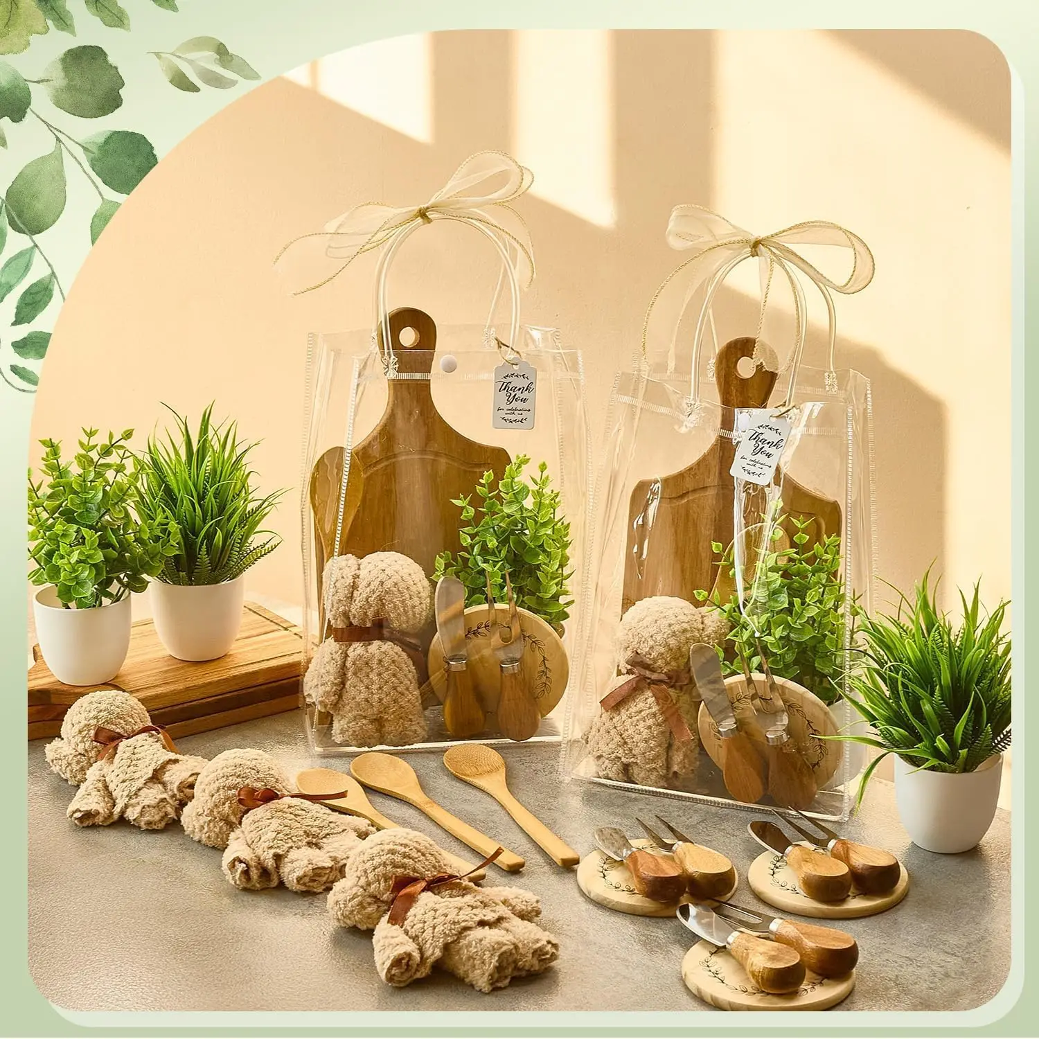 38Pcs Baby Shower Prizes Acacia Cheese Board Set with Forks, Towels, Potted Plants, Gift Bags for Bridal Shower Favors