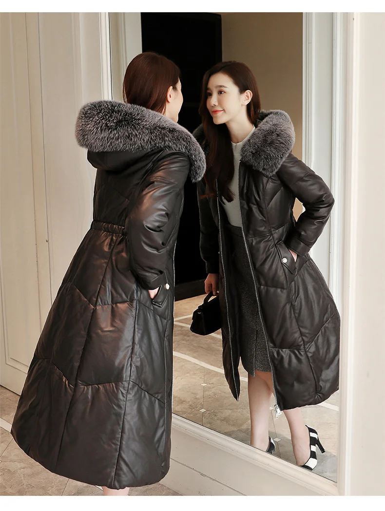 

2024 High Quality Winter Real Genuine Leather Jacket Long Sheepskin Coat Warm Woman Down Coats Fox Fur Collar Parkas Clothes