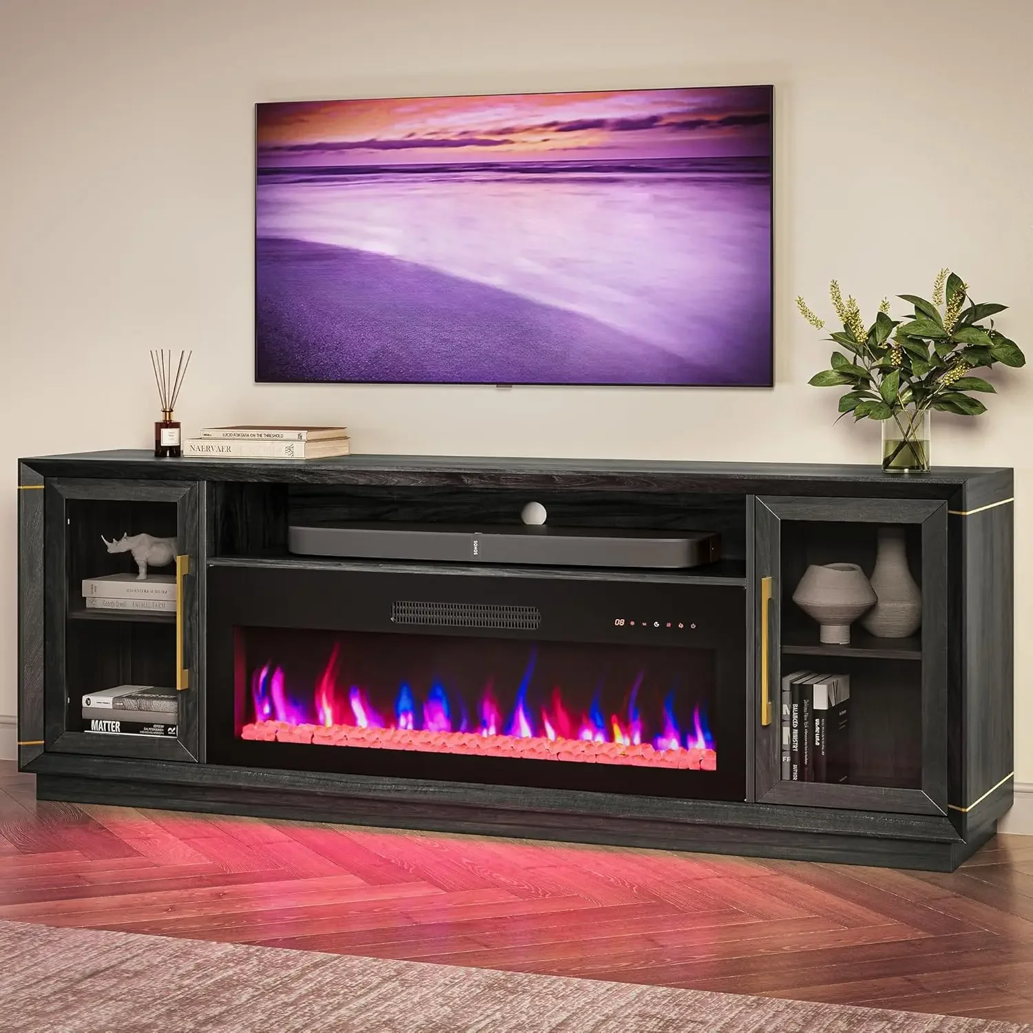 

74" Extra Large TV tand for TVs Up to 85", Media Console Table with 42" Electric Fireplace Heater, (Black Ebony)