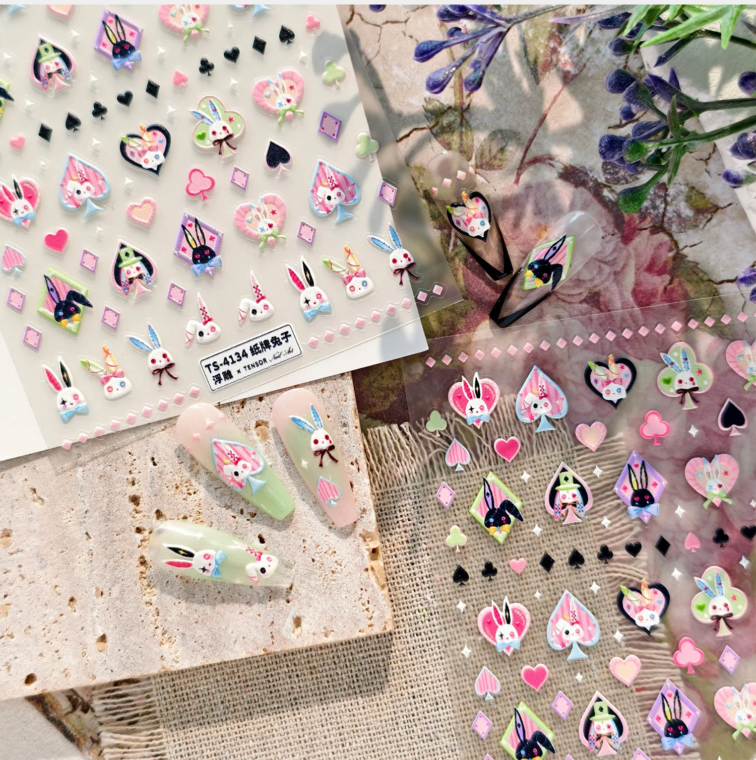 สติกเกอร์ตกแต่งเล็บลายกระต่ายสีดำ ไพ่โป๊กเกอร์ กระต่ายผูกโบว์ ลายตารางสีชมพู สัตว์ รถฟักทอง ดวงอาทิตย์ นก ม้า ดาว