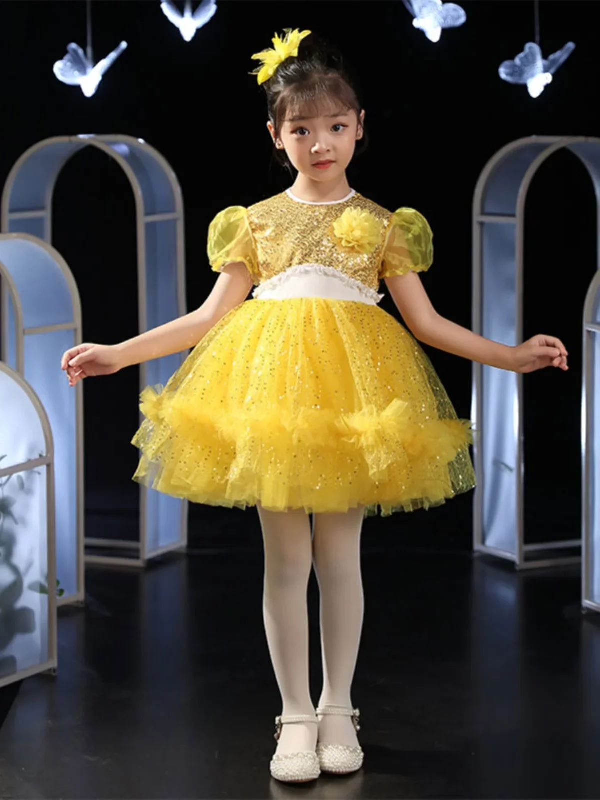 ملابس أداء الرقص الحديثة للأطفال ، فستان الأميرة ساري منتفخ ، زي جوقة رياض الأطفال ، ثوب الترتر الأصفر