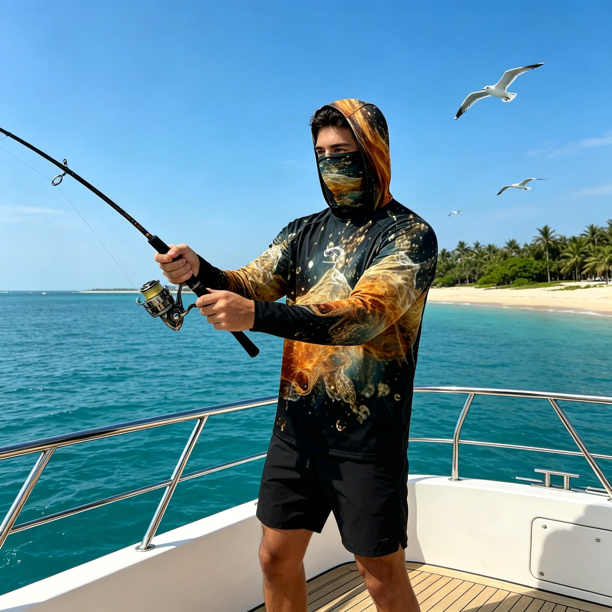 Men Performance Fishing Hoodies UV Sun Protection Long Sleeve Fishing Shirts Hooded Face Mask Quick Dry Breathable Outdoor Gear