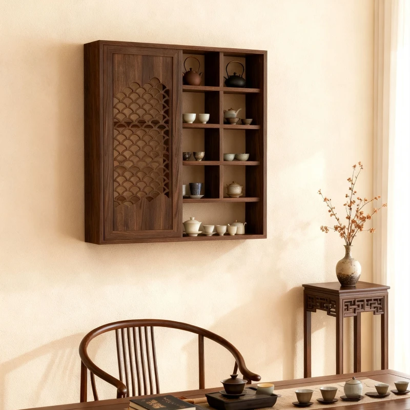 Solid Wood Storage Holders Fish Scale Hollow Sliding Door Dustproof Grid Cabinet Vintage China Zen Farmhouse Style Home Storage