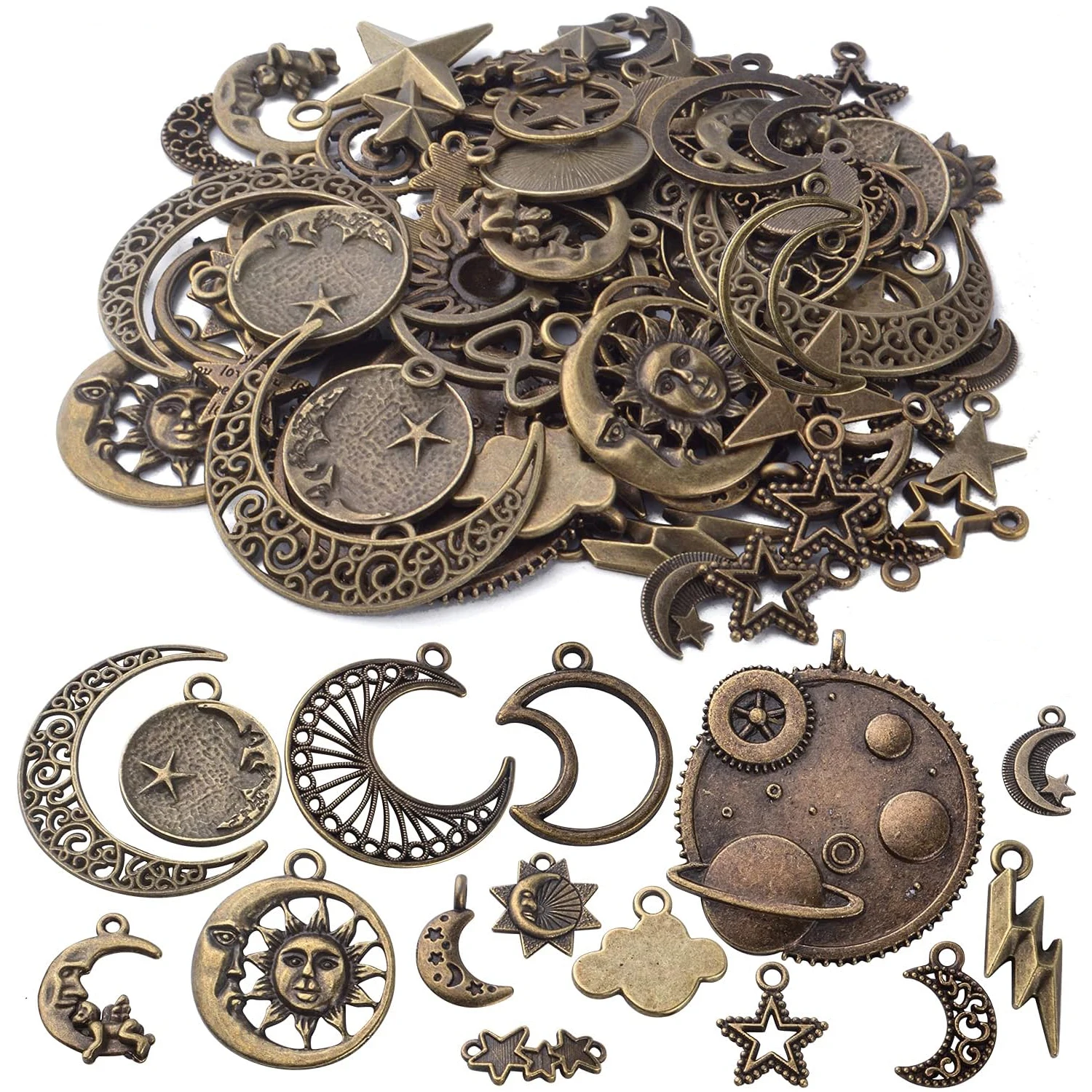 

Celestial Pendant Charms, 100g Antique Bronze Sun Moon Star Cloud Lightning Bolt Jewelry for Necklace Earrings Bracelet Making