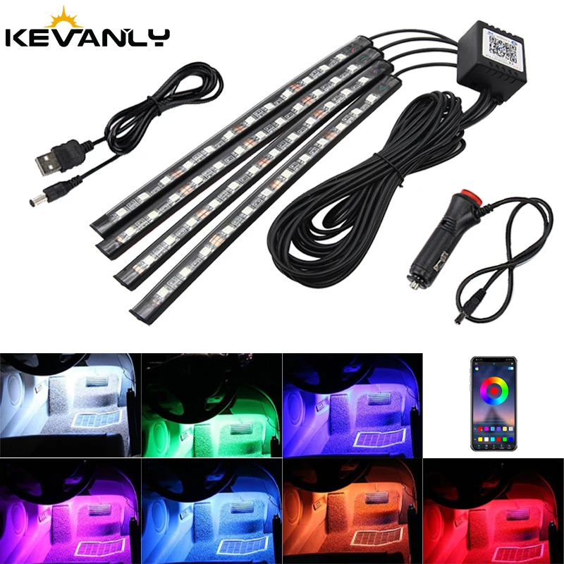 

4 Strips LED RGB Car Atmosphere Light APP Control Imported 5050 LED Lamp Beads Decorative Light USB Cigarette Plug Interior Lamp