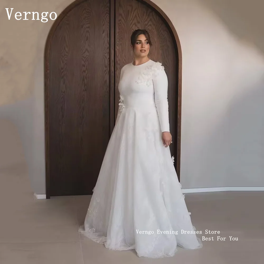 

Verngo Luxury Flowers Tulle Evening Dress Princess A Line Full SleevesMaxi Prom Gowns Modest Photo Prom Party Dresses Customized