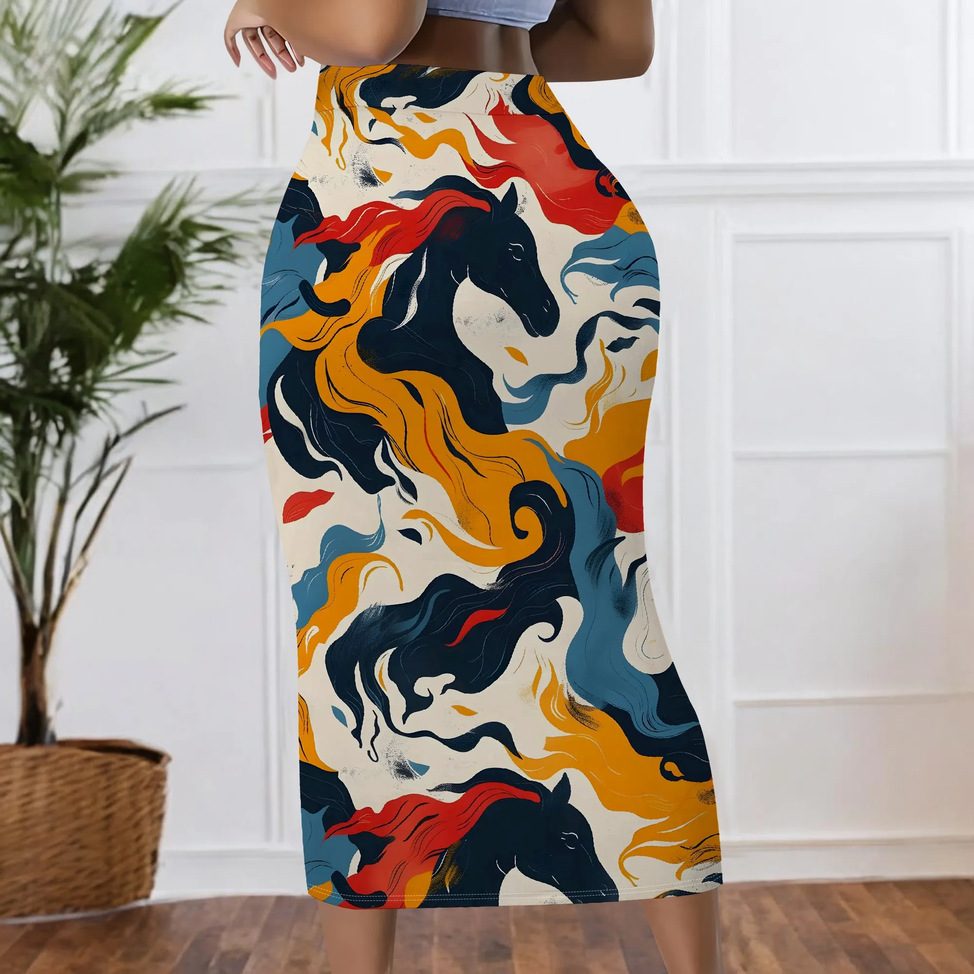 Künstlerischer Pferdedruck, Midi-Bleistiftrock, Abstraktes Tiermuster, Hochgeschnittener Bodycon-Rock, Modische Büro- und Partykleidung, S-2XL – Detail 4